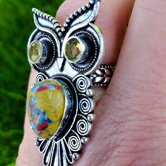 New Mosaic Jasper & Citrine Mystical Owl 925 Silver Ring. - Picture 11 of 12